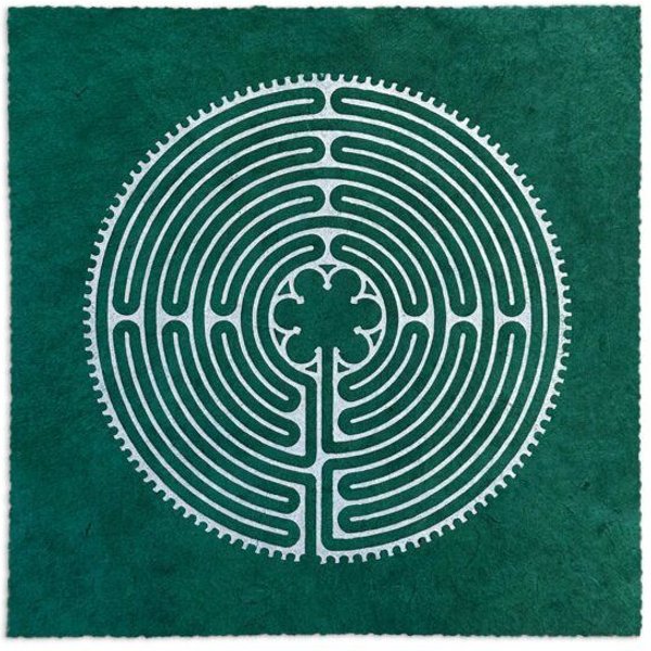 Veskor Cassiopeia LABYRINTH VON CHARTRES der Kathedrale Notre-Dame Linoldruck | 22 × 22 cm | Smaragdgrün