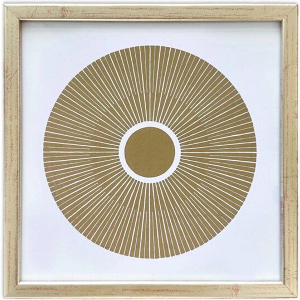 Veskor Cassiopeia Gerahmt | CENTRAL SUN Heilige Geometrie Sonnen-Linoldruck | 20 × 20 cm in 22 × 22 cm Rahmen | Gold