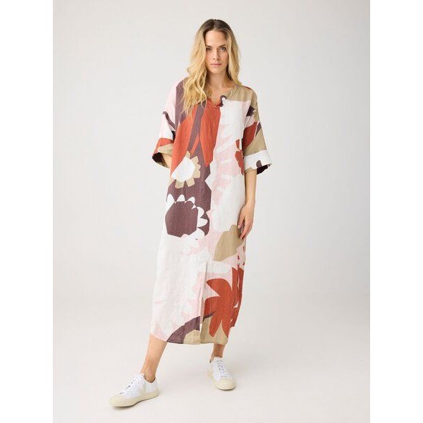 KnowledgeCotton Apparel Sommerkleid mit V-Ausschnitt und Print aus Bio-Leinen