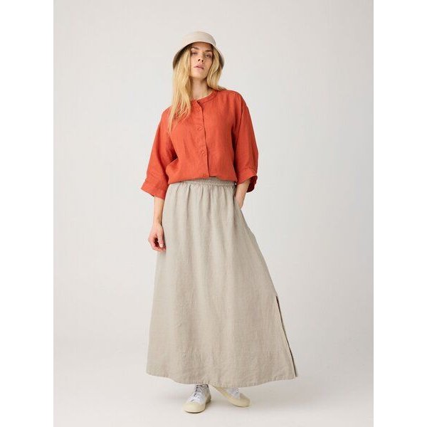 KnowledgeCotton Apparel Lockere Hemdbluse mit 3/4 Arm und Stehkragen aus Bio-Leinen