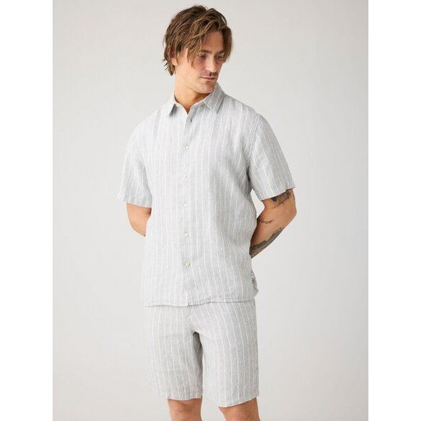 KnowledgeCotton Apparel Lockeres Kurzarmhemd Pinstriped aus Bio-Leinen