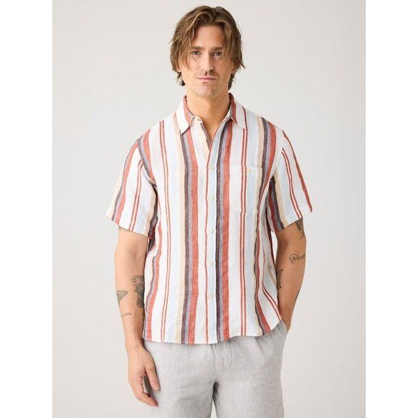 KnowledgeCotton Apparel Lockeres gestreiftes Kurzarmhemd aus Bio-Leinen