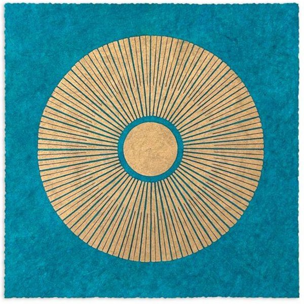 Veskor Cassiopeia CENTRAL SUN Sonnen Linoldruck | 22 × 22 cm | Cyan-Blau