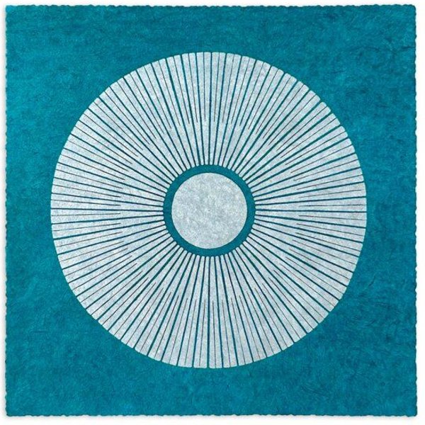 Veskor Cassiopeia CENTRAL SUN Sonnen Linoldruck | 22 × 22 cm | Cyan-Blau
