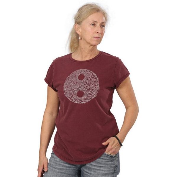 Life-Tree Organic Fairwear Shirt Women Fairwear Organic Washed YinYang/ | schwarz/rot