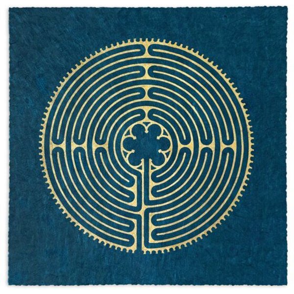 Veskor Cassiopeia LABYRINTH VON CHARTRES der Kathedrale Notre-Dame Linoldruck | 22 × 22 cm | Petrol-Blau