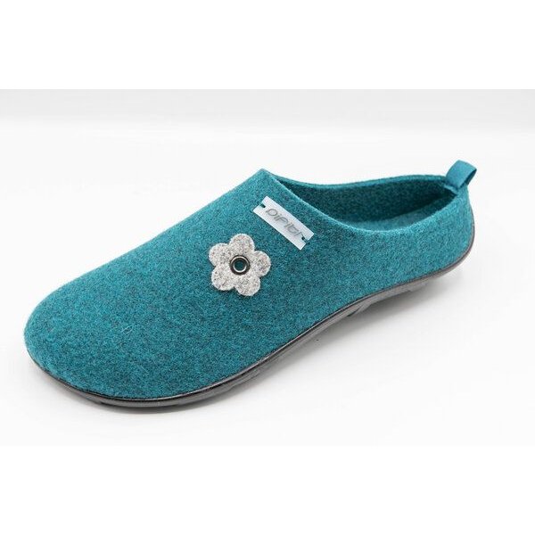 Pantoffel seasonal (Flower) mit Barfußgefühl pifit! aus hochwertigem Wollfilz, petrol, 32102-2