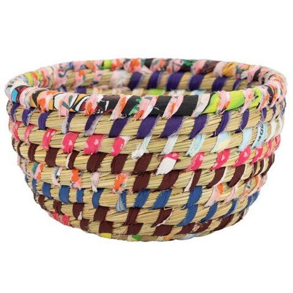 El Puente "Pastell" Korbschale aus Kaisa-Gras und Sari-Stoff