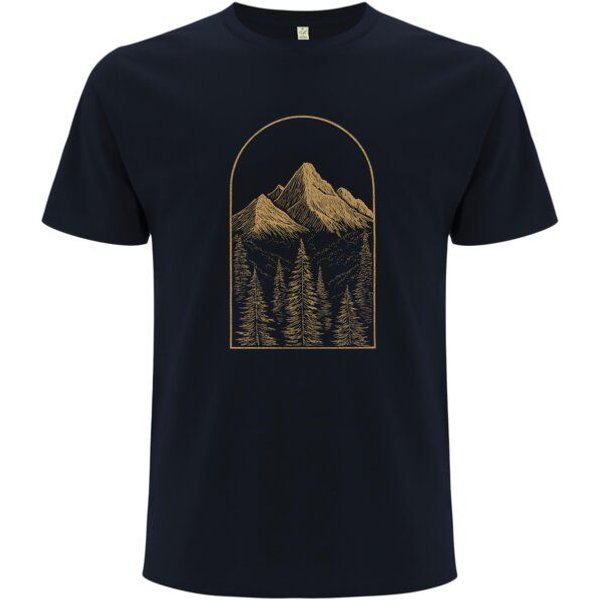 Spreecult LineArt Nadelwald - Bio und Fair - Männer Unisex T-Shirt - Line Art Wald Berge