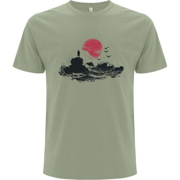 Spreecult Japan Sonne - Bio und Fair - Männer Unisex T-Shirt - Sonne Wellen Felsen
