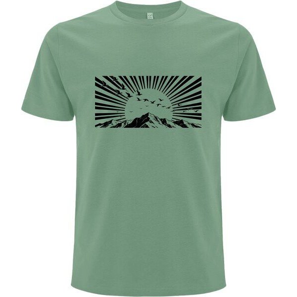 Spreecult Holzschnitt Sonnenstrahlen - Bio und Fair - Männer Unisex T-Shirt - Berge u Vögel