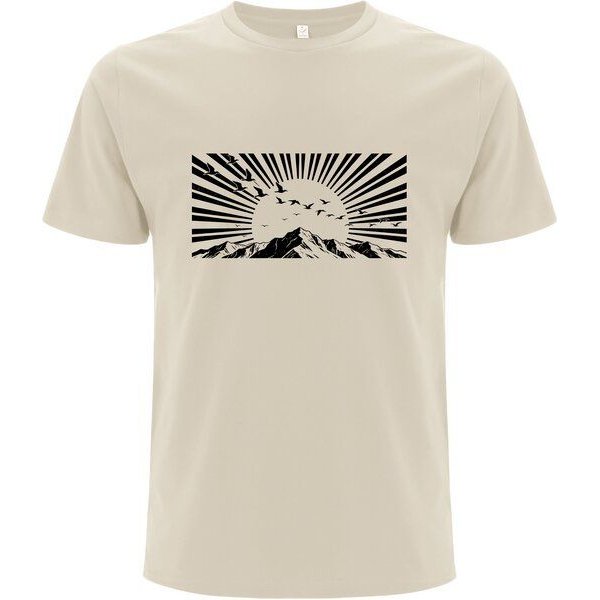 Spreecult Holzschnitt Sonnenstrahlen - Bio und Fair - Männer Unisex T-Shirt - Berge u Vögel