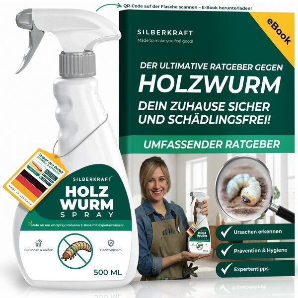 Silberkraft Holzwurm Spray: Holzwurmmittel gegen Holzwürmer, Holzbock & Nagekäfer für Innen & Außen inkl. E-Book