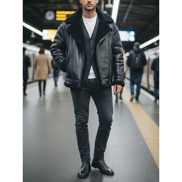 Will's Vegan Shop Übergroße Aviator-Jacke aus recyceltem veganem Shearling Herren