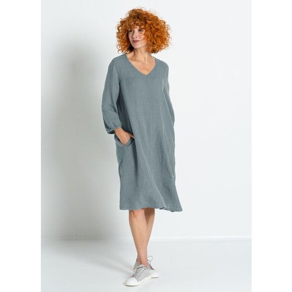 Heidekönigin Leinenkleid m. V-Ausschnitt