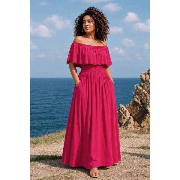 Ingoria Eliana Maxikleid mit Carmen-Ausschnitt (Uni)