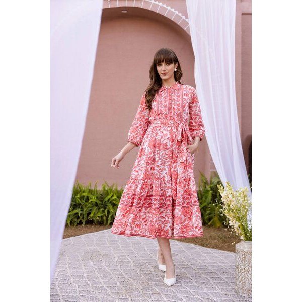 Haus of Namaste Handbedrucktes Midikleid aus Bio-Baumwolle mit Wellenmuster und Blumen-Print | Kleid mit Gürtel | Ethisch, nachhaltig und fair