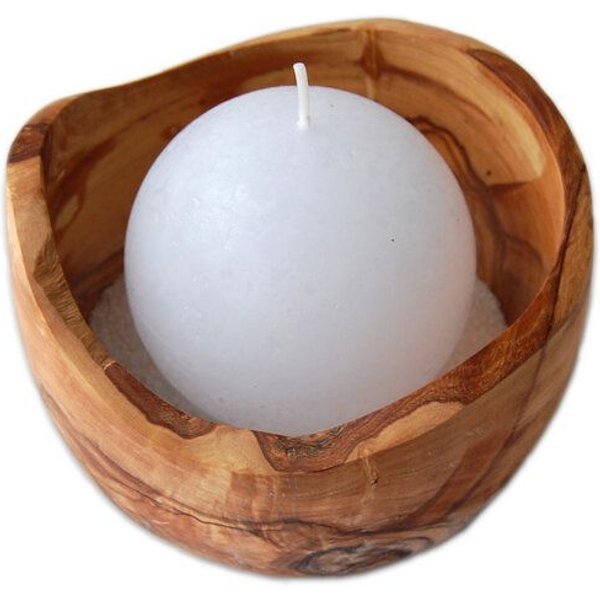 Olivenholz erleben Kugelkerze PALLA in Rundschale aus Olivenholz