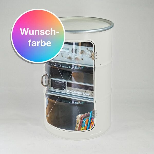 Lockengelöt HiFi Vitrine aus einem Hamburger Ölfass