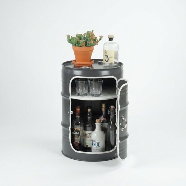 Lockengelöt Minibar mit Tür aus einem kleinen Ölfass Hamburger Ölfass, made in Hamburg.