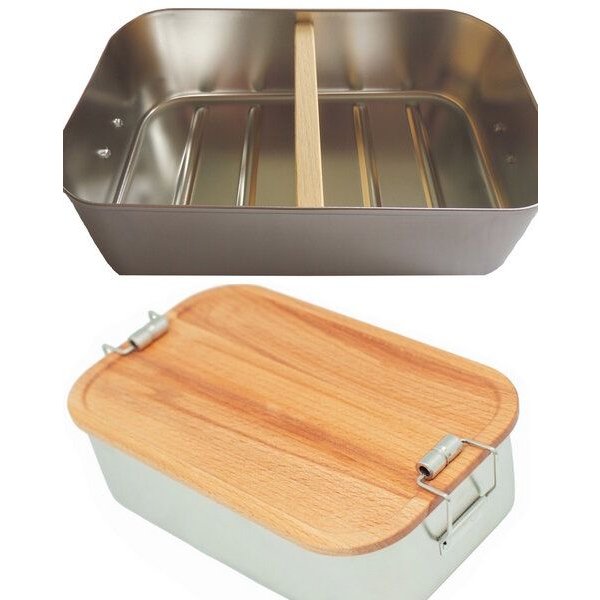 Cameleon Pack XL Edelstahl Lunchbox mit Deckel und Trennsteg aus heimischem Buchen Holz