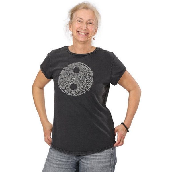 Life-Tree Organic Fairwear Shirt Women Fairwear Organic Washed YinYang/ | schwarz/rot