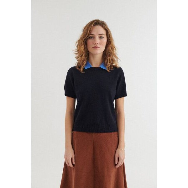 Basic Apparel Kurzarm-Strickshirt LIS mit abnehmbaren Kragen aus Bio-Merinowolle