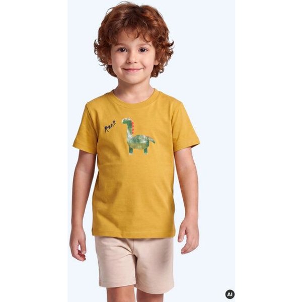 MELAdi Kinder Shirt aus Biobaumwolle - Dino auf Ocre Gelb