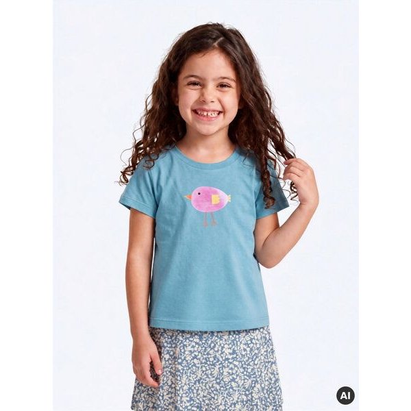 MELAdi Kinder Shirt aus Biobaumwolle - Lila Vogel auf Türkis