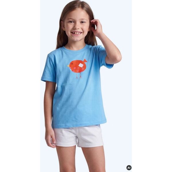 MELAdi Kinder Shirt aus Biobaumwolle - Roter Vogel auf Aqua Blue