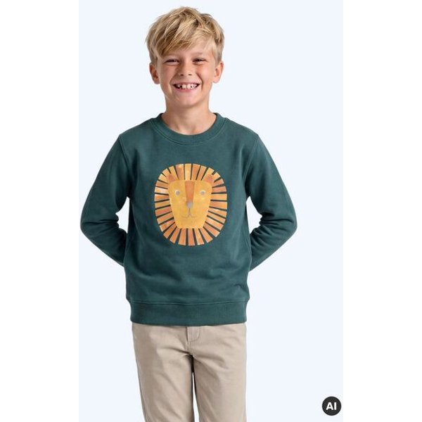 MELAdi Kinder Sweater aus Biobaumwolle - Löwe auf Forrest Green