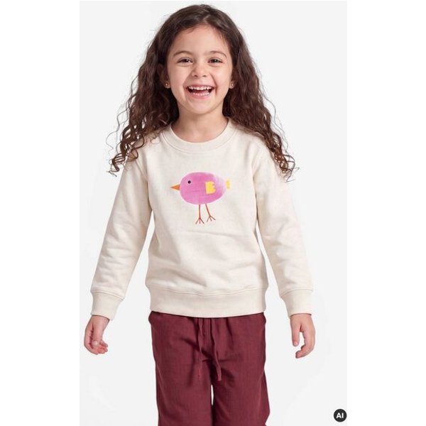 MELAdi Kinder Sweater aus Biobaumwolle - Lila Vogel auf Natural Raw