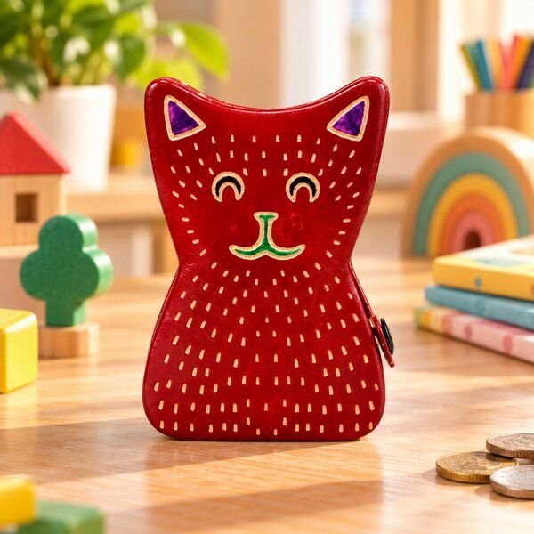 Janselo Katze Kinder-Spardose aus Shanti-Leder in Rot