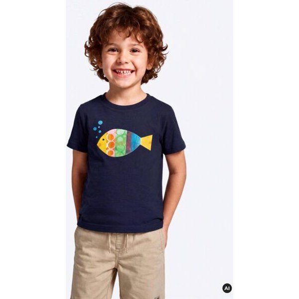 MELAdi Kinder Baby-Shirt aus Biobaumwolle - Fisch auf Navy Blue Kopie