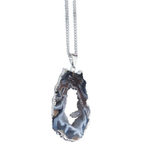 Crystal and Sage Ananda - versilberte Halskette mit Achatscheibe mit Kristalldruse