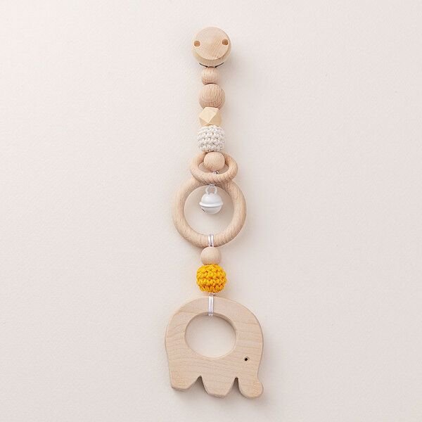 NoniKids Berlin Rasselclip Holz mit *Glocke Elefant* 3 Farben I Bio Baumwollgarn