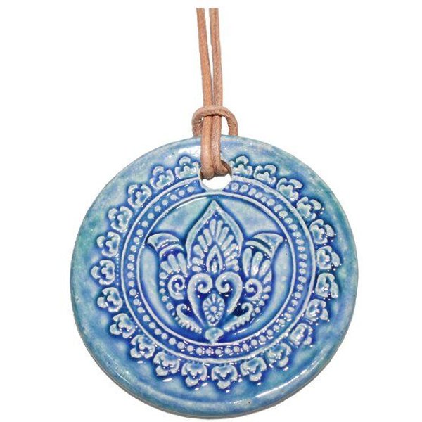 Schönes aus Indochina Schmuck aus Keramik, Medaillon Elefant, Lotus und Lebensbaum