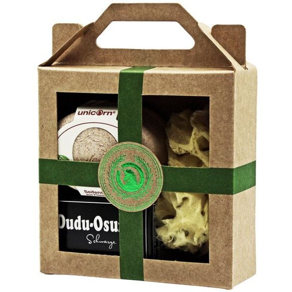 Spa Vivent Geschenkset :Seifendose aus Flüssigholz, Dudu Osun Seife, Naturschwamm