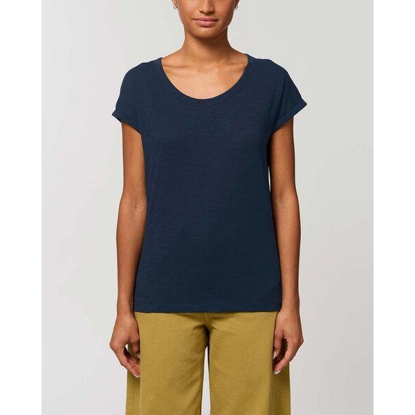 YTWOO Leichtes Damen T-Shirt in Slub Optik mit gerollten Ärmeln