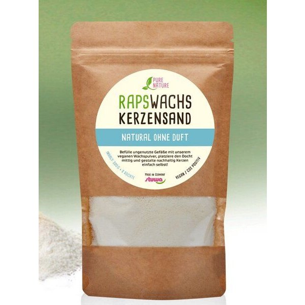 Stuwa Rapswachs-Kerzensand für stimmungsvolles und kreatives Upcycling – ohne Duft – 200 g Beutel – 8 Baumwolldochte/150 mm lang