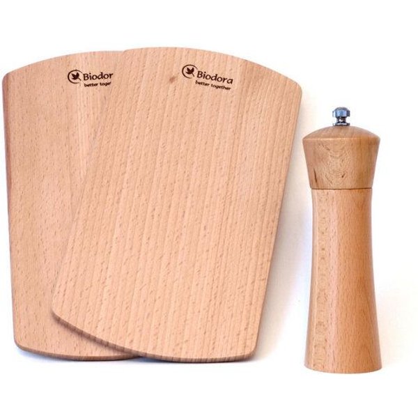 Biodora Genuss-Set – Hochwertige Gewürzmühle & 2er-Set Schneidebretter – Buche – Langlebig