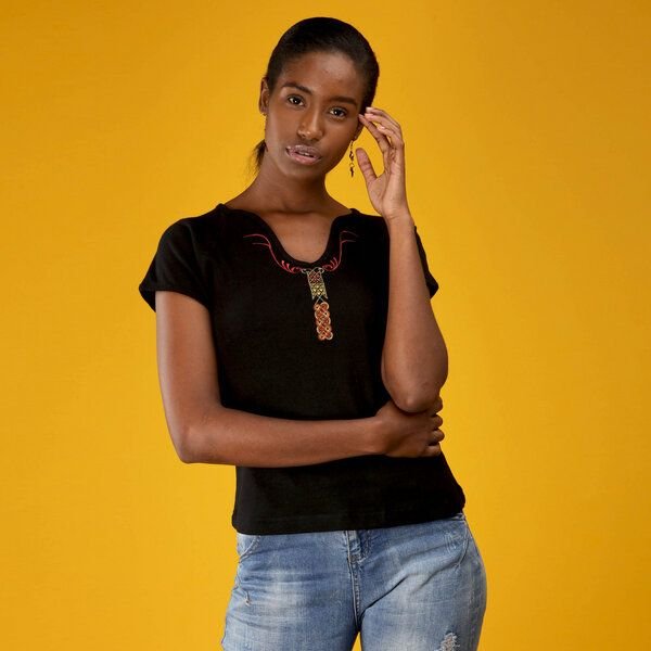 Africulture Damen Top aus Baumwoll Ripp Stoff mit Stick/Perlenmuster Shela Design