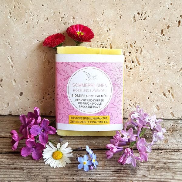 Küstenseifen Manufaktur Sommerblühen - Bioseife Rose & Lavendel für trockene Haut - Biokosmetik