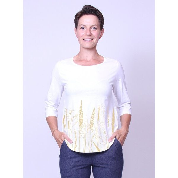 Peaces.bio - handbedruckte Biomode Bio-Damen-3/4 Arm Shirt- Gräservielfalt