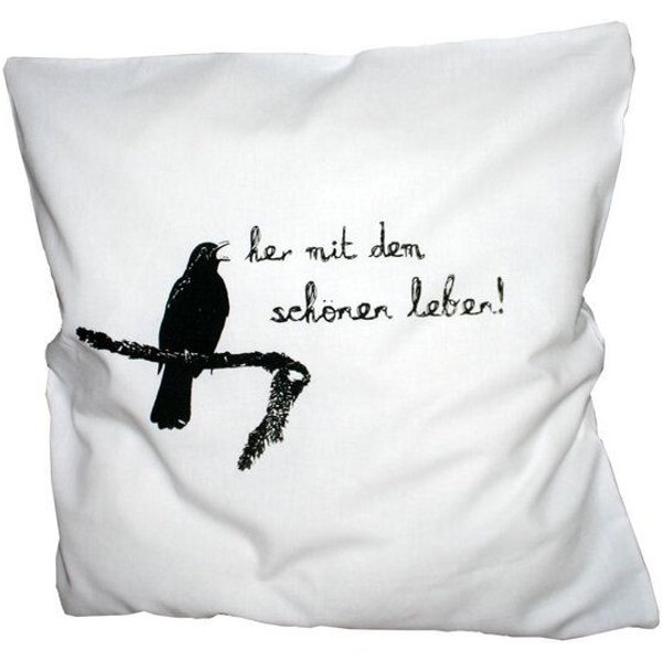 Hirschkind Handbedruckter Kissenbezug 'Schönes Leben mit Amsel' weiß, 40*40cm