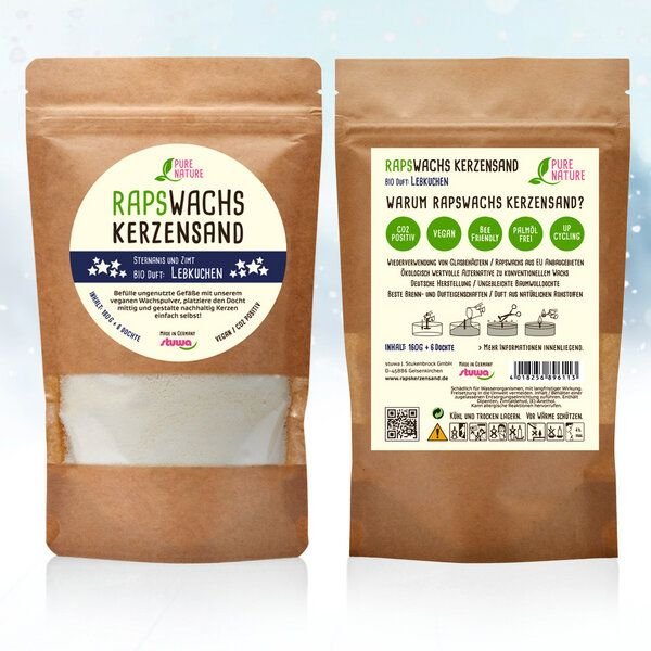 Stuwa Rapswachs-Kerzensand für stimmungsvolles und kreatives Upcycling – Bratapfel oder Lebkuchenduft – 160 g Beutel – 6 Baumwolldochte