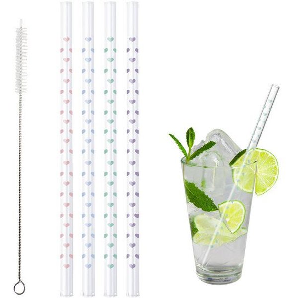 Contento Glastrinkhalm 21 cm lang, 4 Stück , Herzchen, Bürste