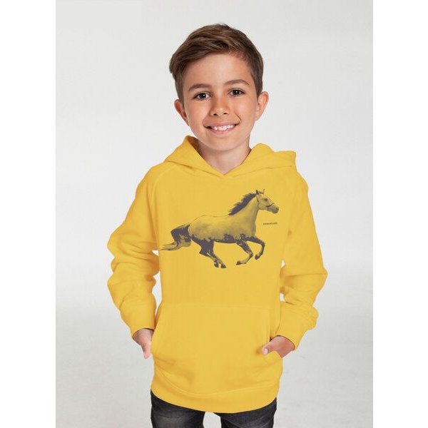 Peaces.bio - handbedruckte Biomode Bio-Kinder-Kapuzen-Sweatshirt "Horsepower"