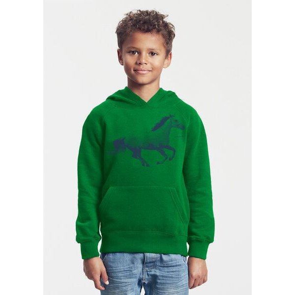 Peaces.bio - handbedruckte Biomode Bio-Kinder-Kapuzen-Sweatshirt "Horsepower"