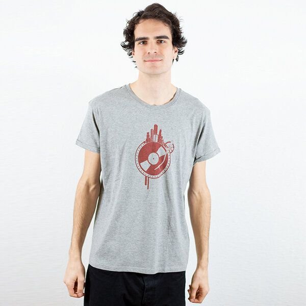 Spangeltangel T-Shirt "Weltscheibe", Herren, bedruckt, Siebdruck, Schallplatte und Erdkugel